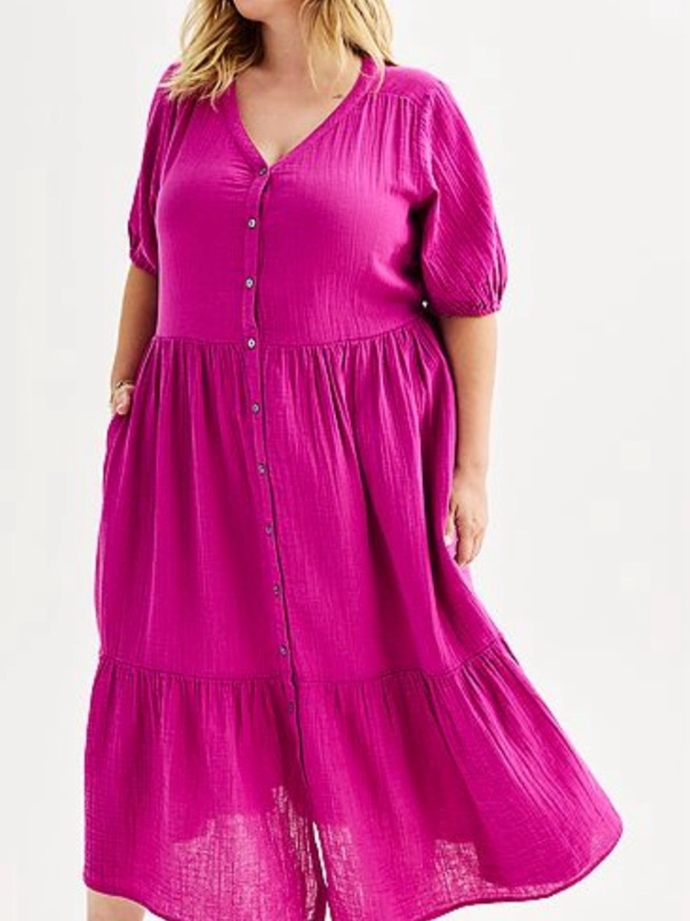Sonoma Button-Front Tiered Midi Dress in Fuchsia